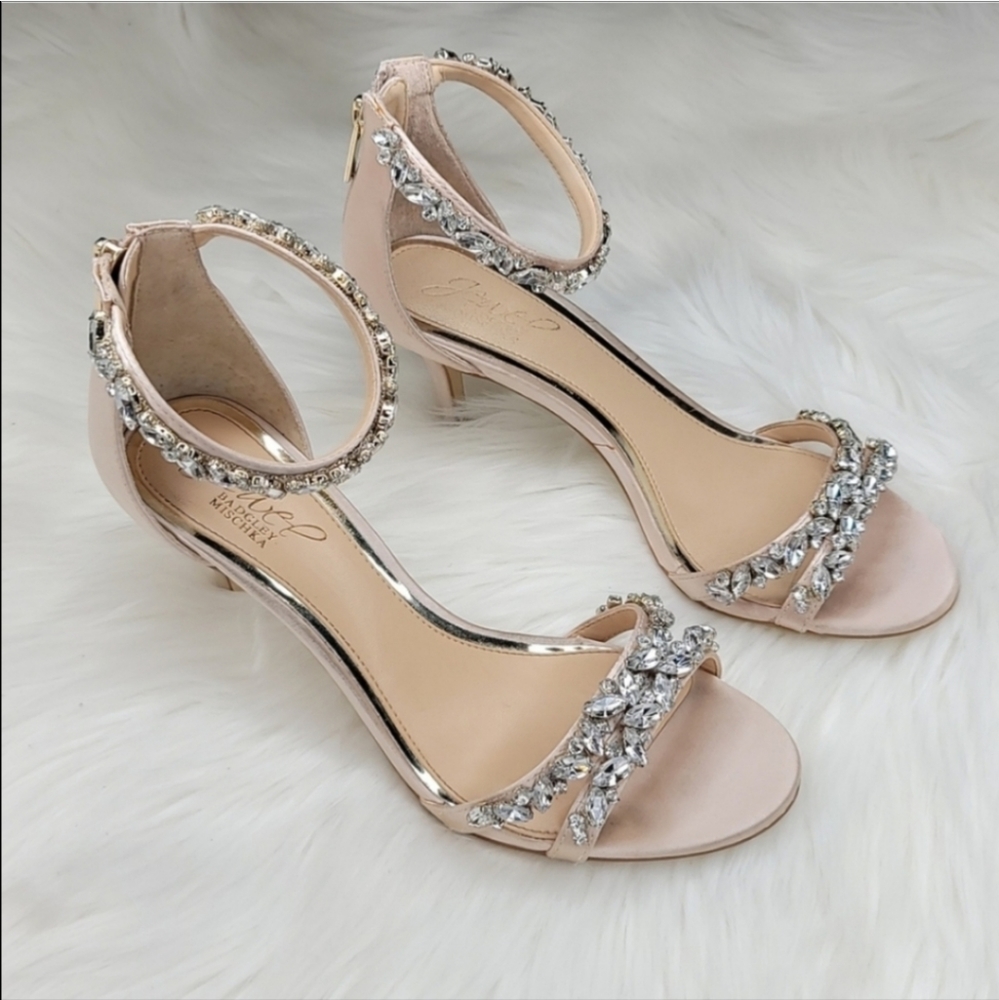 JEWEL BADGLEY MISCHKA Caroline Embellished Strap Evening Shoe Heels Champagne - Picture 9 of 16
